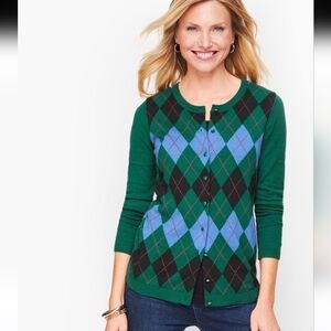 Talbots Green Argyle Button-Front Charming Cardigan with Blue Accent Size L